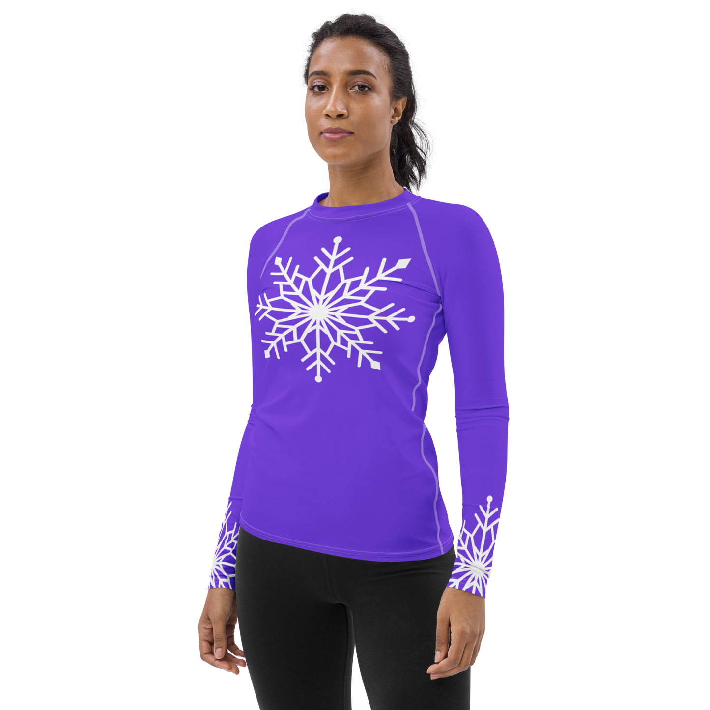 Winter Snowflake Top, White Snowflake on Pure Purple Women's Rash Guard, Holiday Top