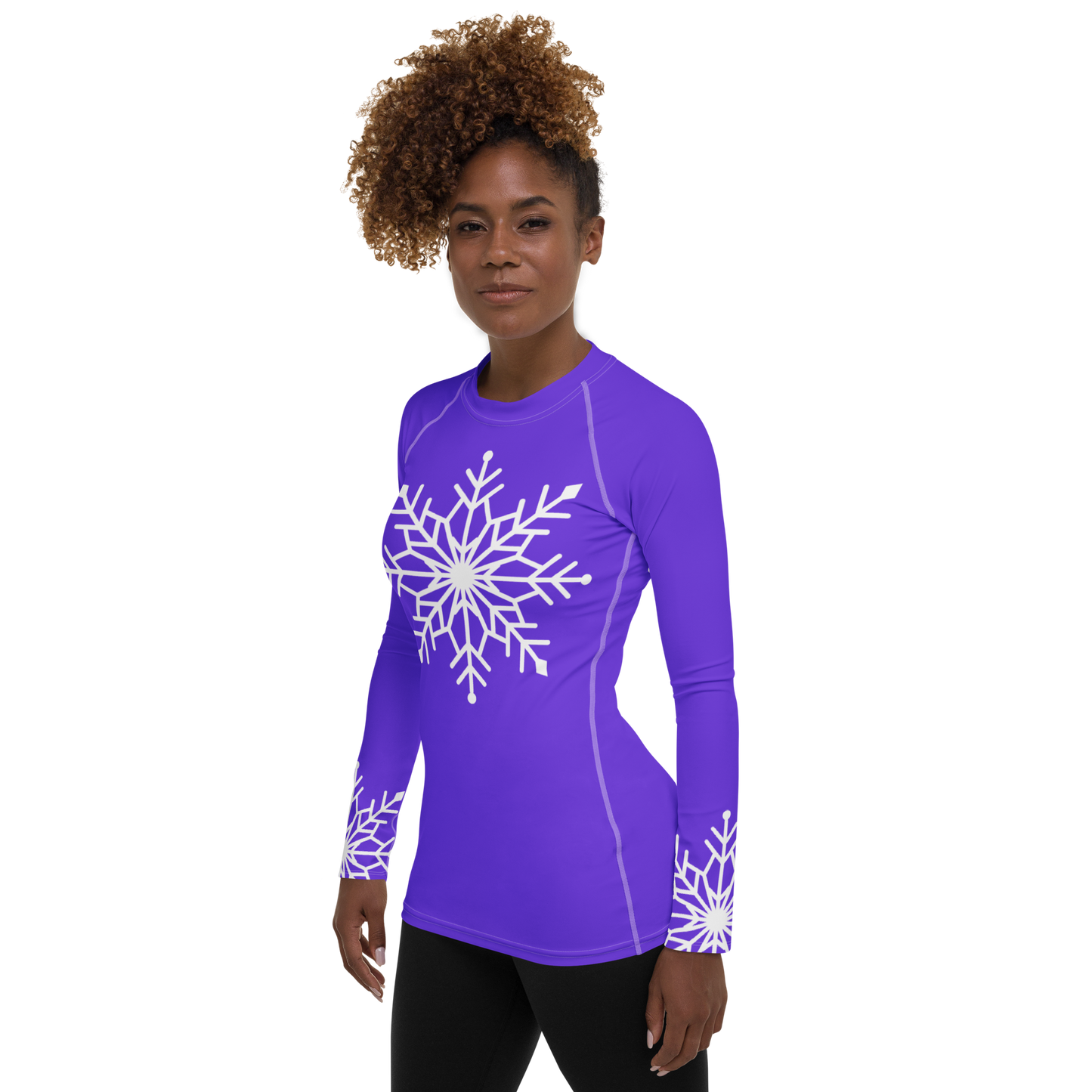 Winter Snowflake Top, White Snowflake on Pure Purple Women's Rash Guard, Holiday Top