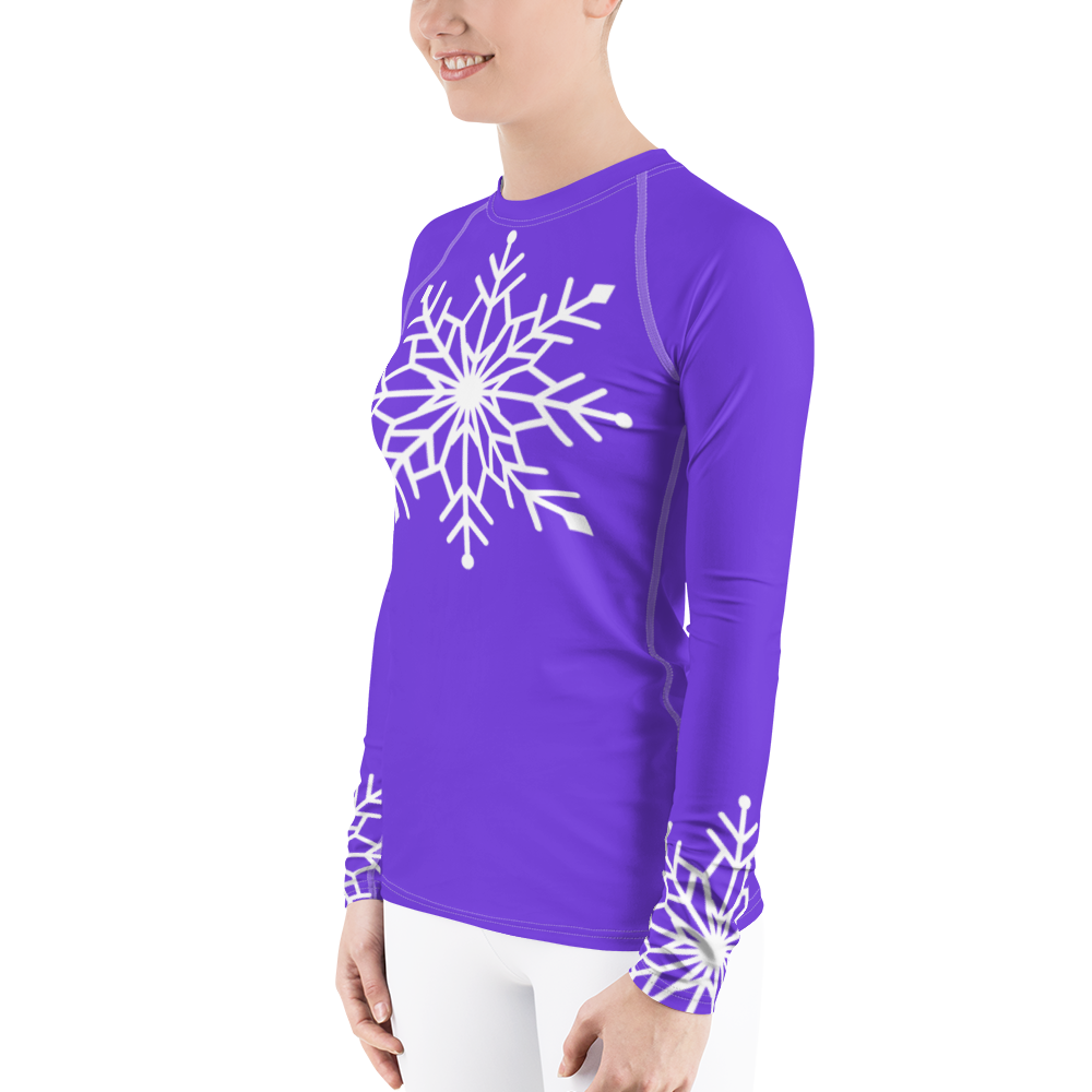 Winter Snowflake Top, White Snowflake on Pure Purple Women's Rash Guard, Holiday Top