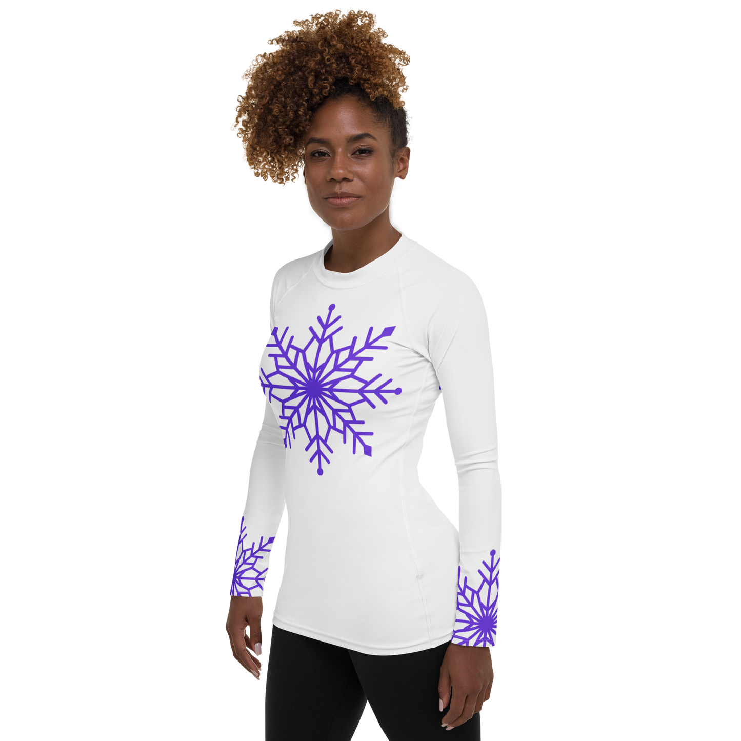 Winter Snowflake Top, Pure Purple Snowflake on White Women's Rash Guard, Holiday Top
