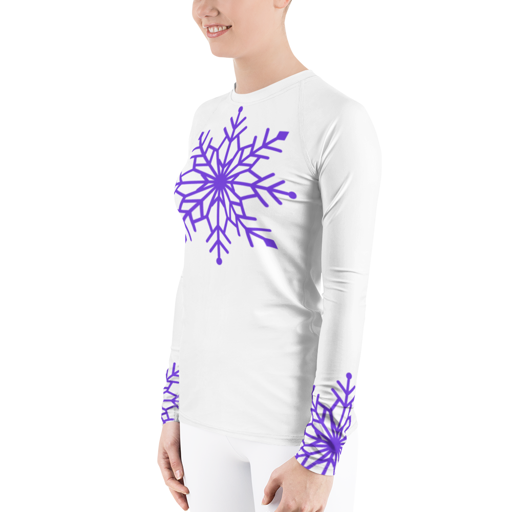 Winter Snowflake Top, Pure Purple Snowflake on White Women's Rash Guard, Holiday Top
