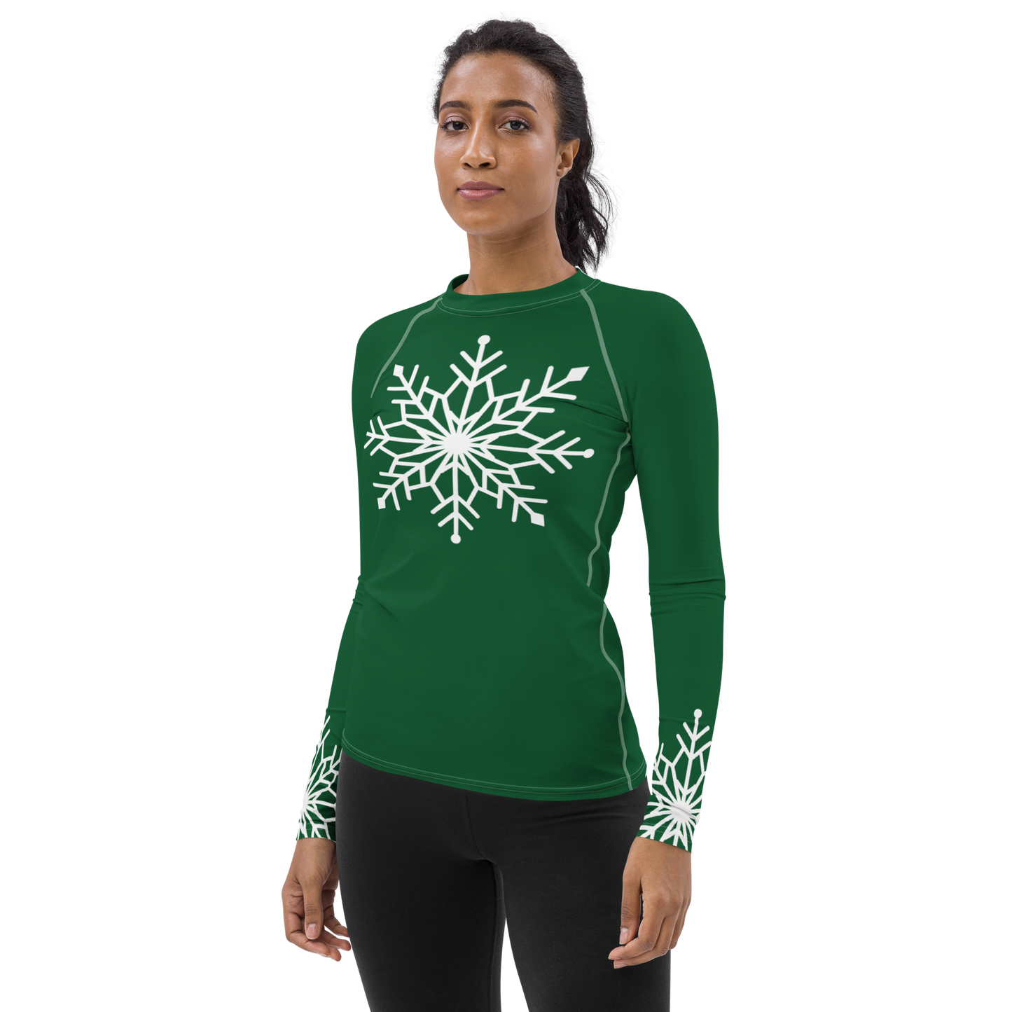 Winter Snowflake Top, White Snowflake on Forest Green Women's Rash Guard, Holiday Top