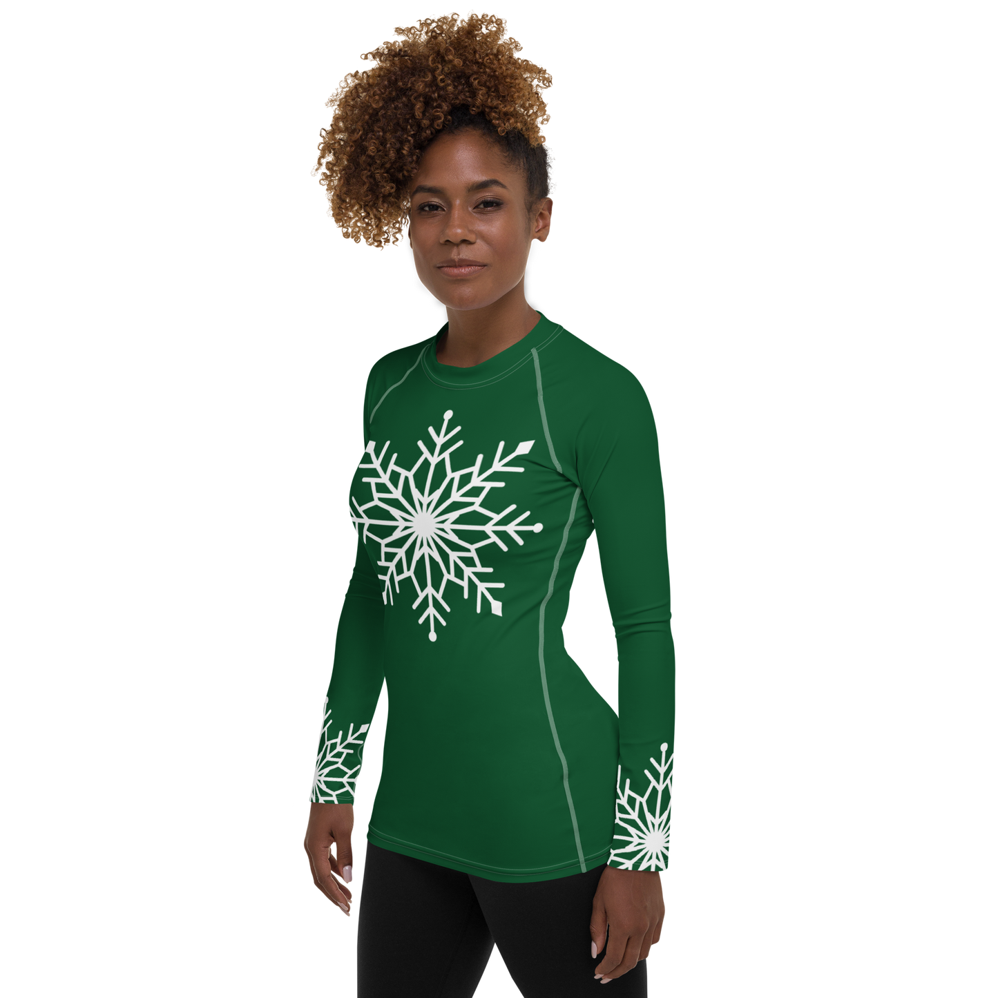 Winter Snowflake Top, White Snowflake on Forest Green Women's Rash Guard, Holiday Top