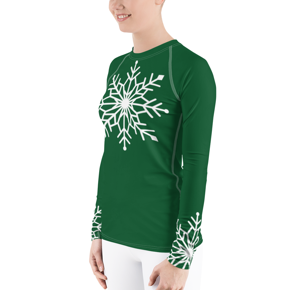 Winter Snowflake Top, White Snowflake on Forest Green Women's Rash Guard, Holiday Top