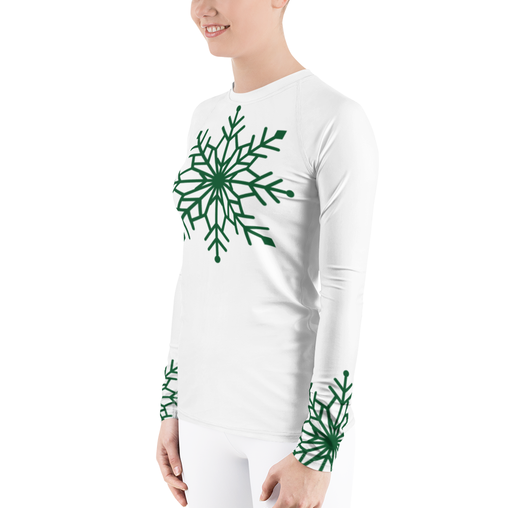 Winter Snowflake Top, Forest Green Snowflake on White Women's Rash Guard, Holiday Top