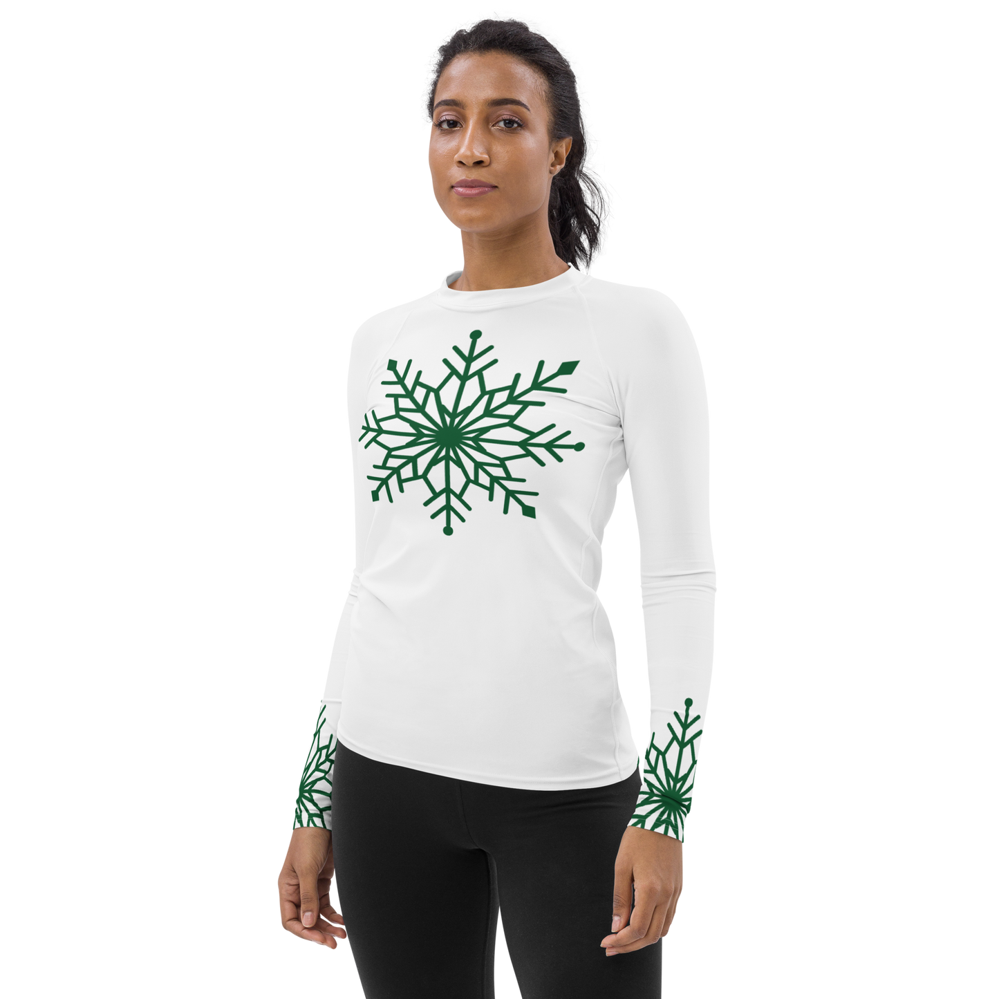 Winter Snowflake Top, Forest Green Snowflake on White Women's Rash Guard, Holiday Top