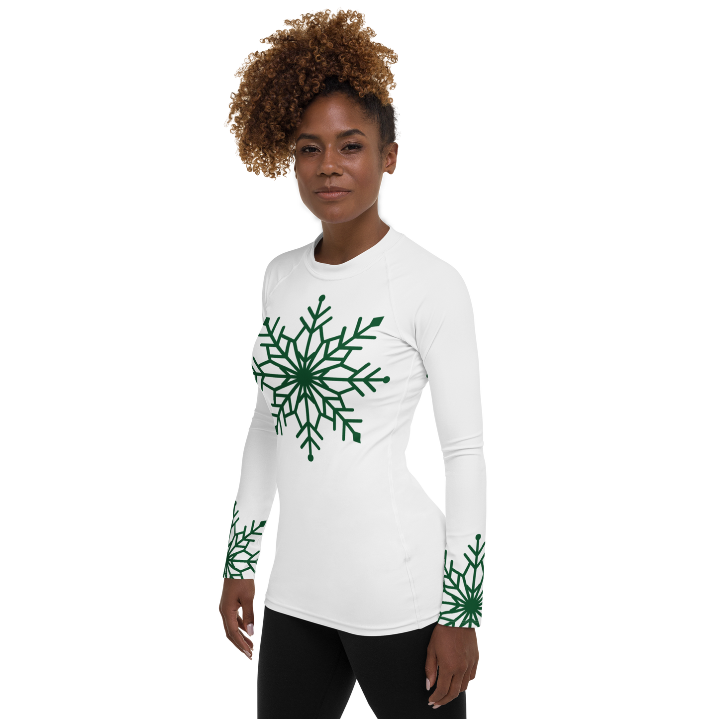 Winter Snowflake Top, Forest Green Snowflake on White Women's Rash Guard, Holiday Top