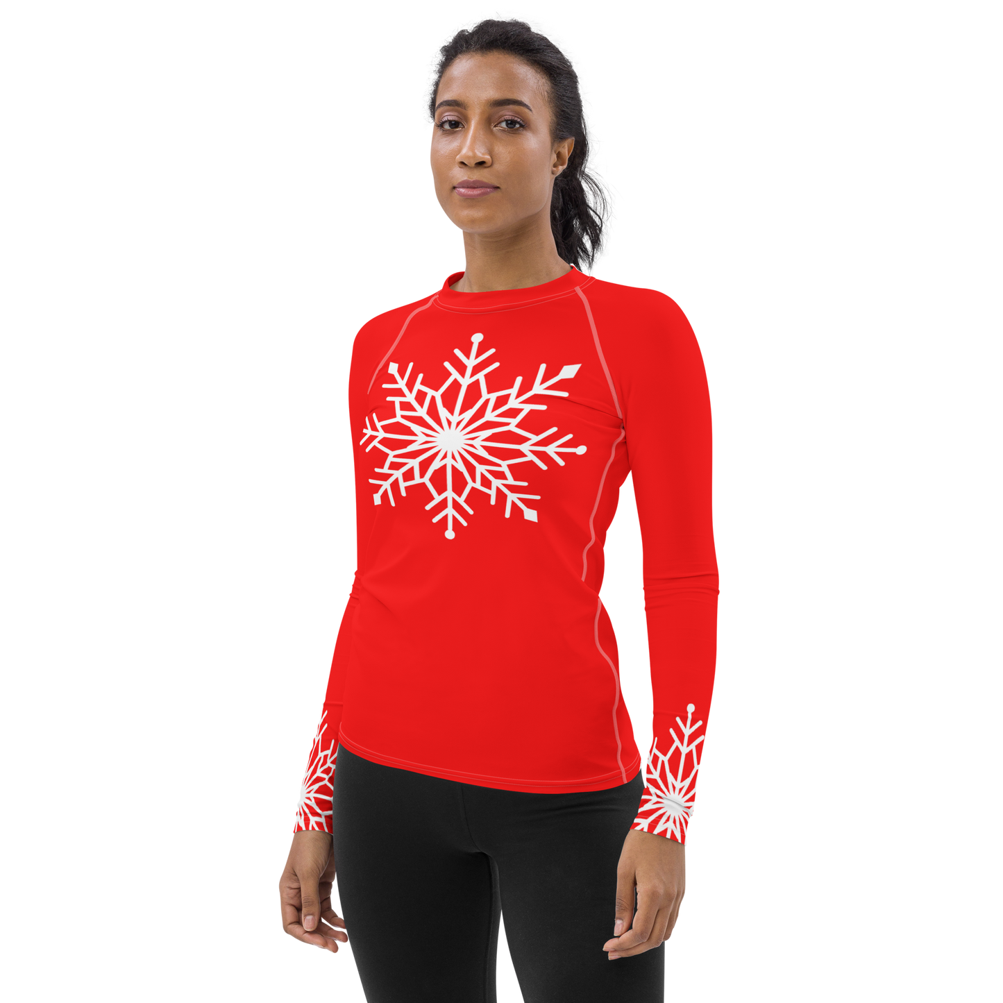 Winter Snowflake Top, White Snowflake on Bright Red Women's Rash Guard, Holiday Top