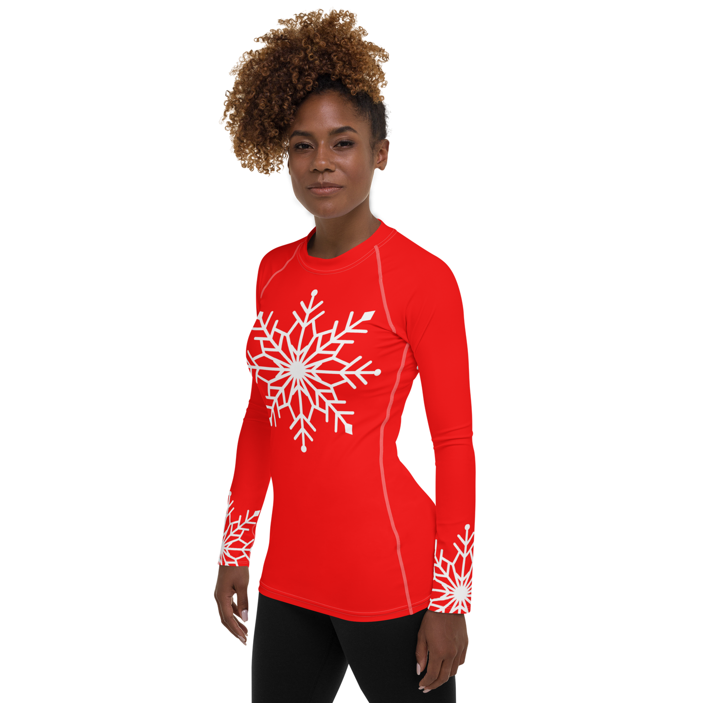 Winter Snowflake Top, White Snowflake on Bright Red Women's Rash Guard, Holiday Top