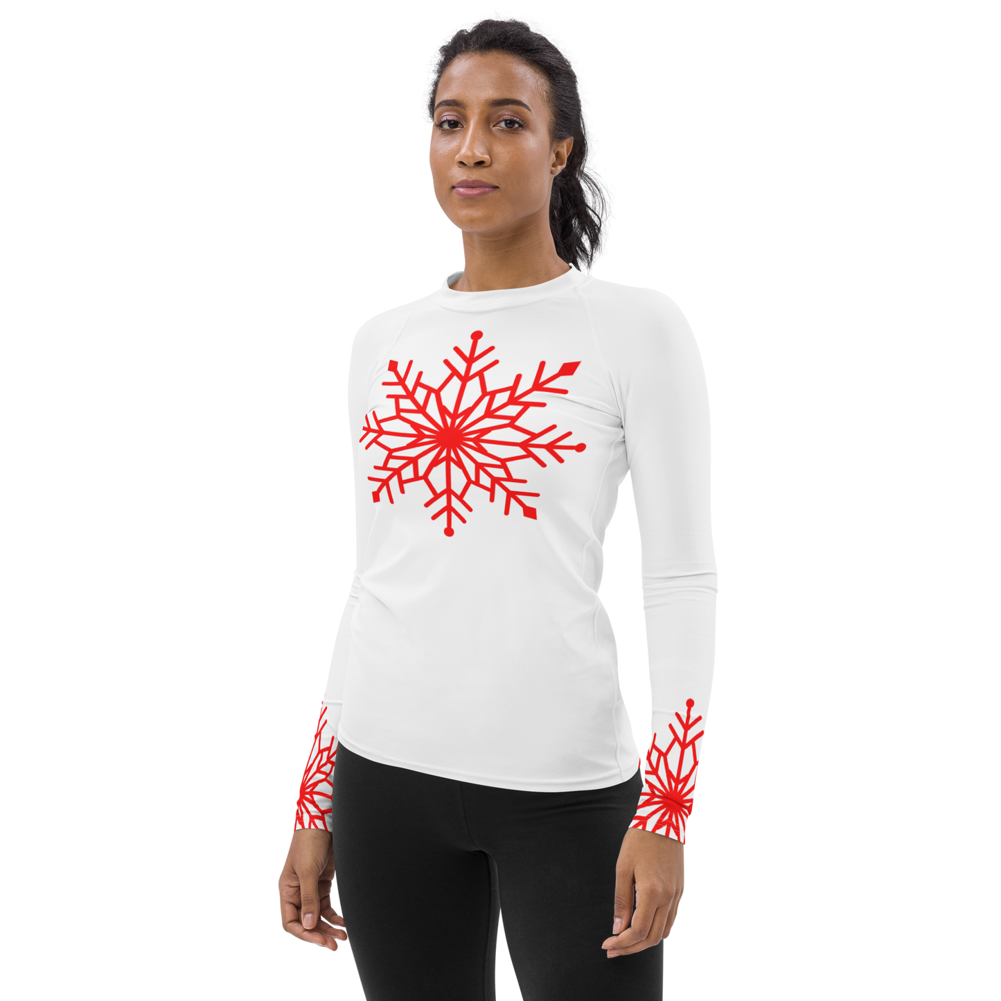 Winter Snowflake Top, Bright Red Snowflake on White Women's Rash Guard, Holiday Top