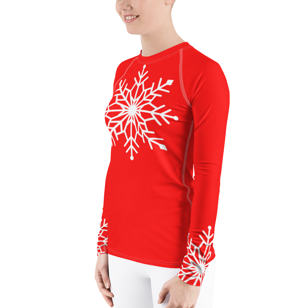 Winter Snowflake Top, White Snowflake on Bright Red Women's Rash Guard, Holiday Top