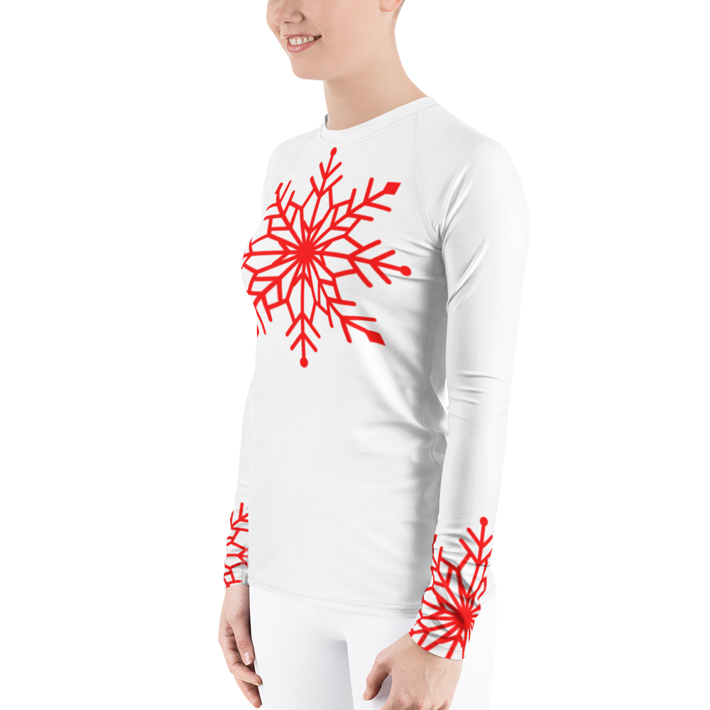 Winter Snowflake Top, Bright Red Snowflake on White Women's Rash Guard, Holiday Top