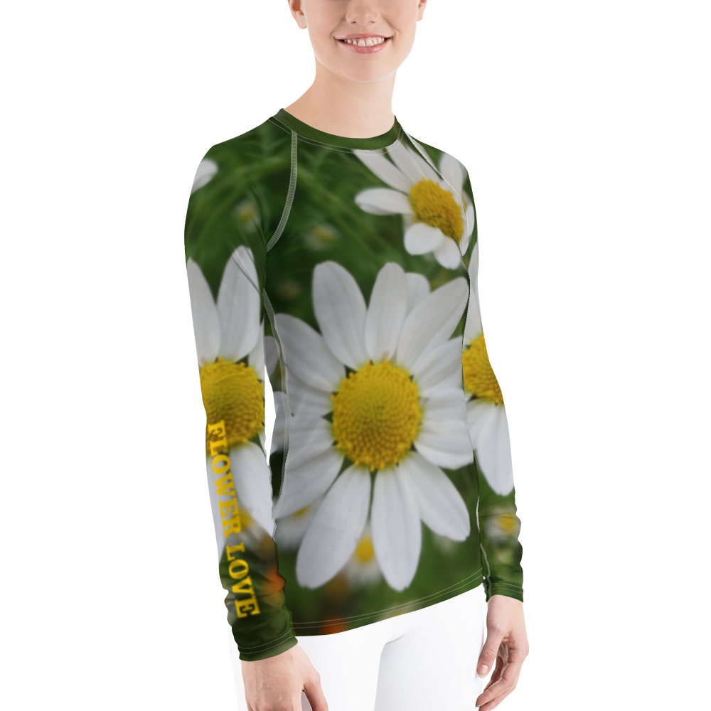 The FLOWER LOVE Collection - "Daisy Daydreams" Design Luxurious Women's Rash Guard, Sun Protective Clothing, Sports & Fitness Clothing