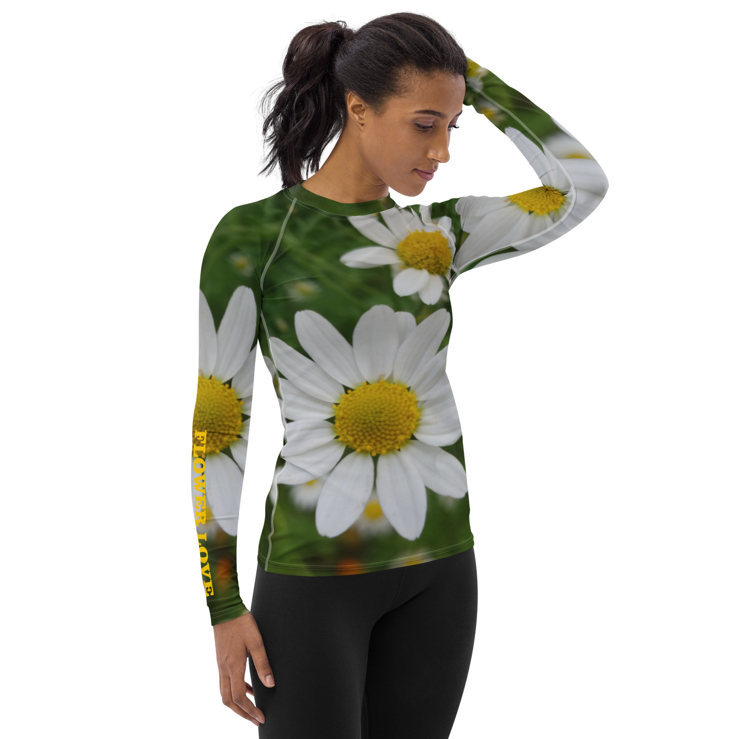 The FLOWER LOVE Collection - "Daisy Daydreams" Design Luxurious Women's Rash Guard, Sun Protective Clothing, Sports & Fitness Clothing