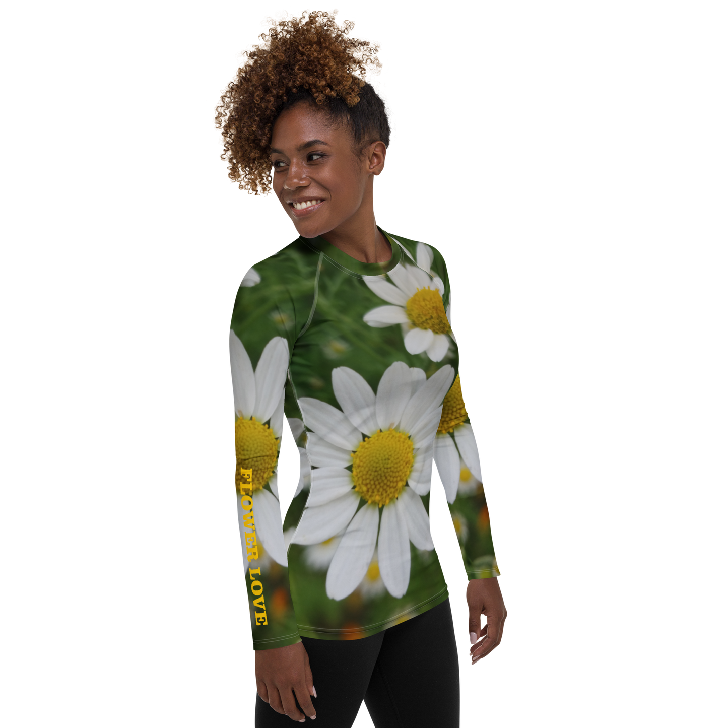 The FLOWER LOVE Collection - "Daisy Daydreams" Design Luxurious Women's Rash Guard, Sun Protective Clothing, Sports & Fitness Clothing
