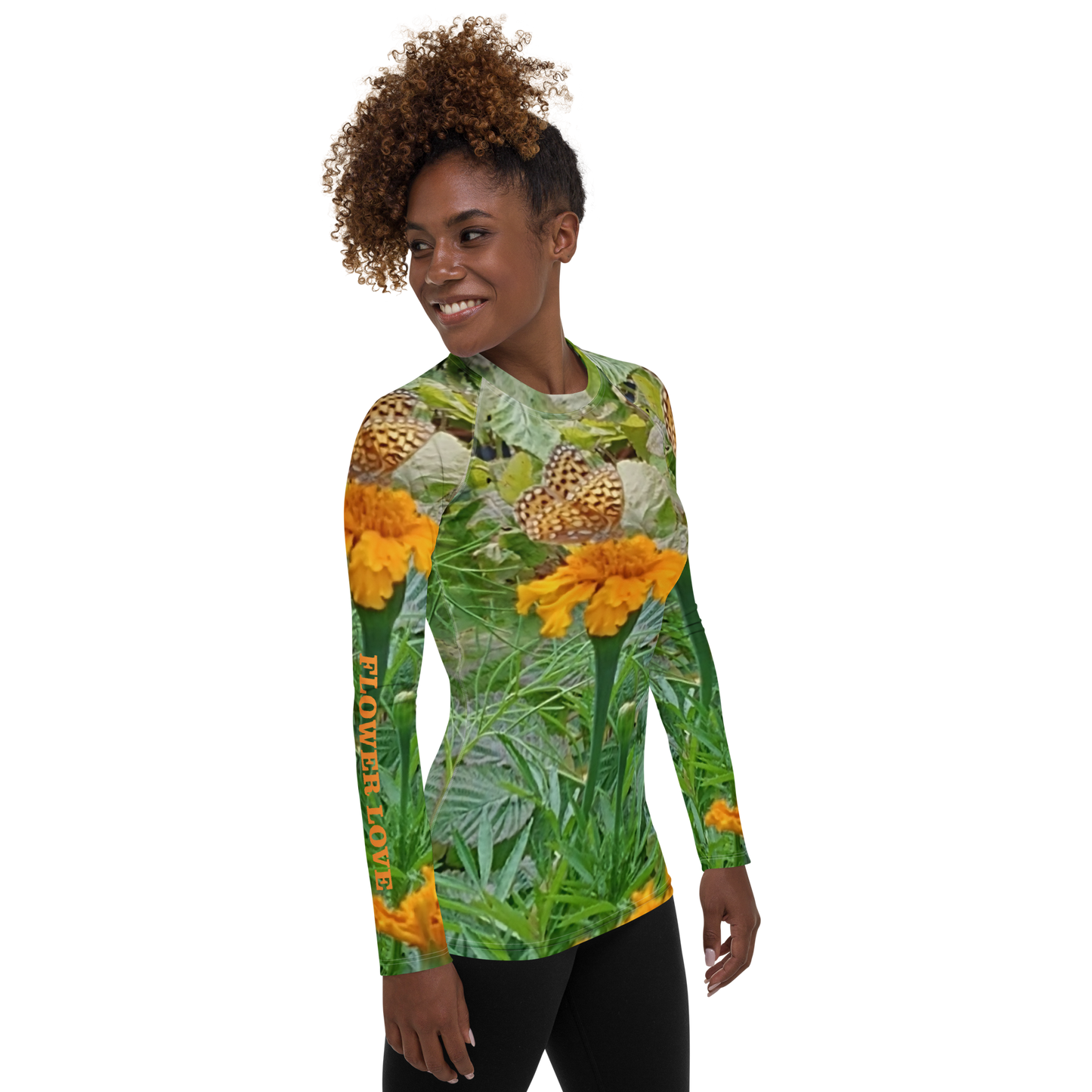 The FLOWER LOVE Collection - "Butterfly on a Bloom" Design Luxurious Women's Rash Guard, Sun Protective Clothing, Sports & Fitness Clothing