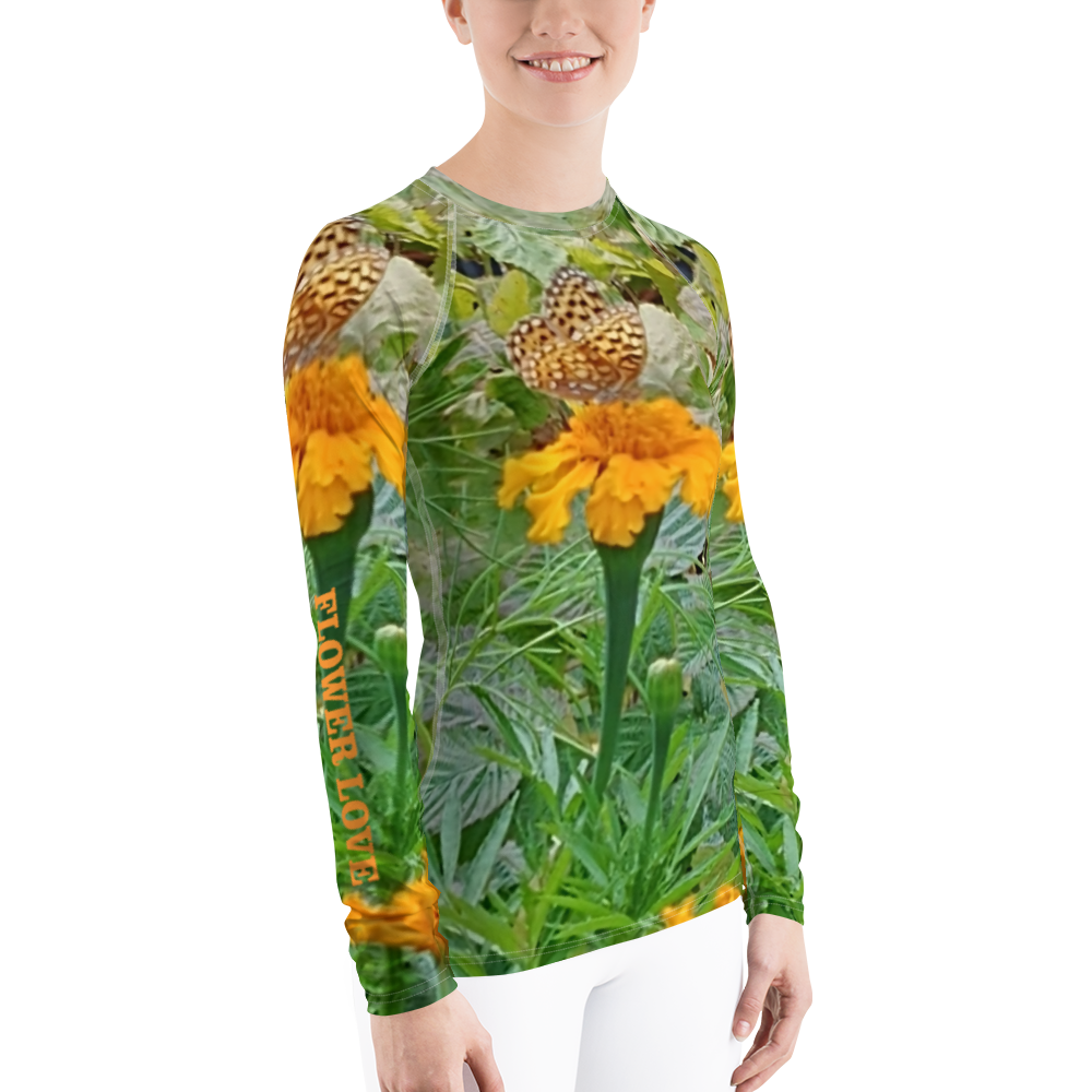 The FLOWER LOVE Collection - "Butterfly on a Bloom" Design Luxurious Women's Rash Guard, Sun Protective Clothing, Sports & Fitness Clothing