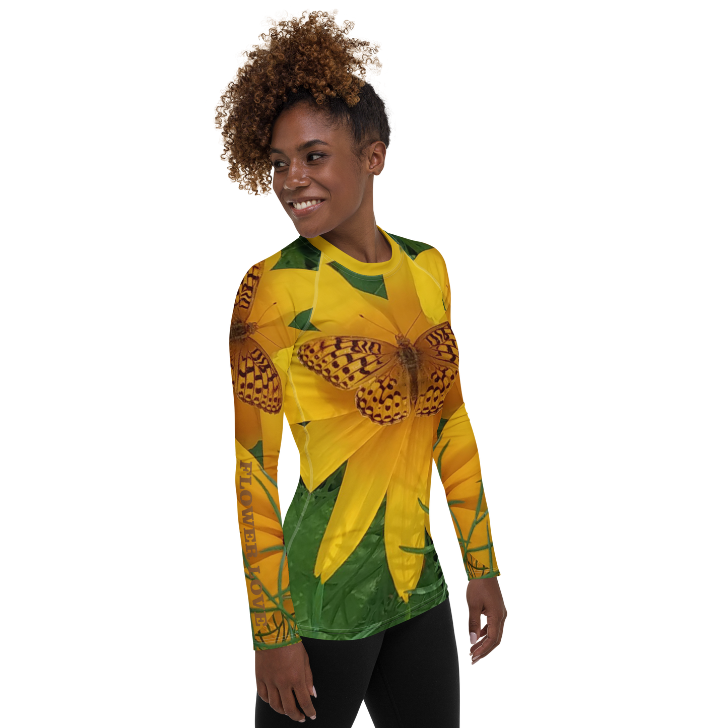 The FLOWER LOVE Collection - "Butterfly Beauty" Design Luxurious Women's Rash Guard, Sun Protective Clothing, Sports & Fitness Clothing