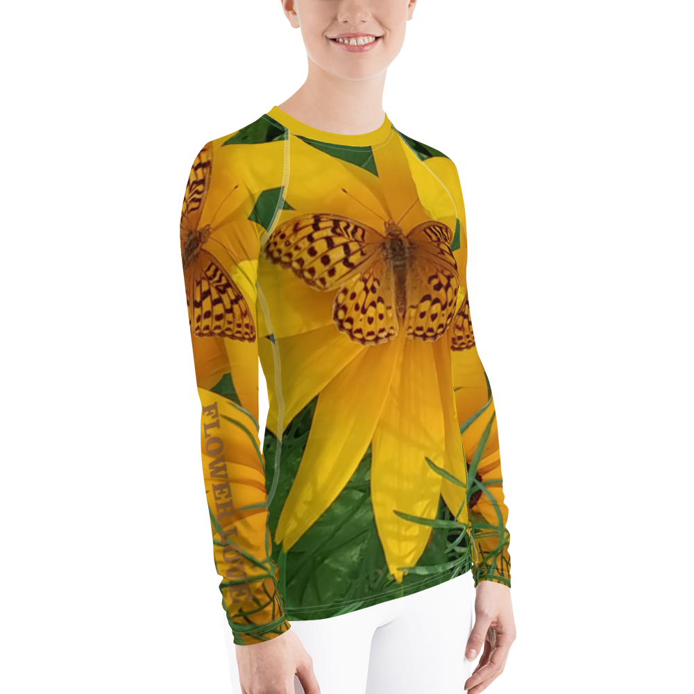 The FLOWER LOVE Collection - "Butterfly Beauty" Design Luxurious Women's Rash Guard, Sun Protective Clothing, Sports & Fitness Clothing