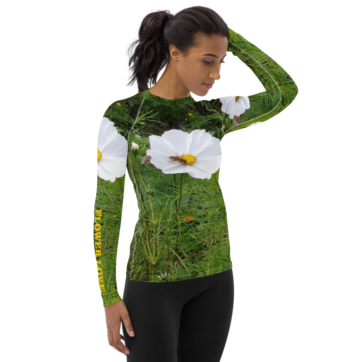 The FLOWER LOVE Collection - "Captivating Cosmos" Design Luxurious Women's Rash Guard, Sun Protective Clothing, Sports & Fitness Clothing