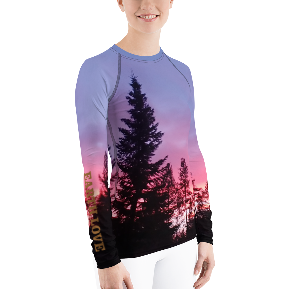 The EARTH LOVE Collection - "Sunset Silhouettes" Design Luxurious Women's Rash Guard, Sun Protective Clothing, Sports & Fitness Clothing