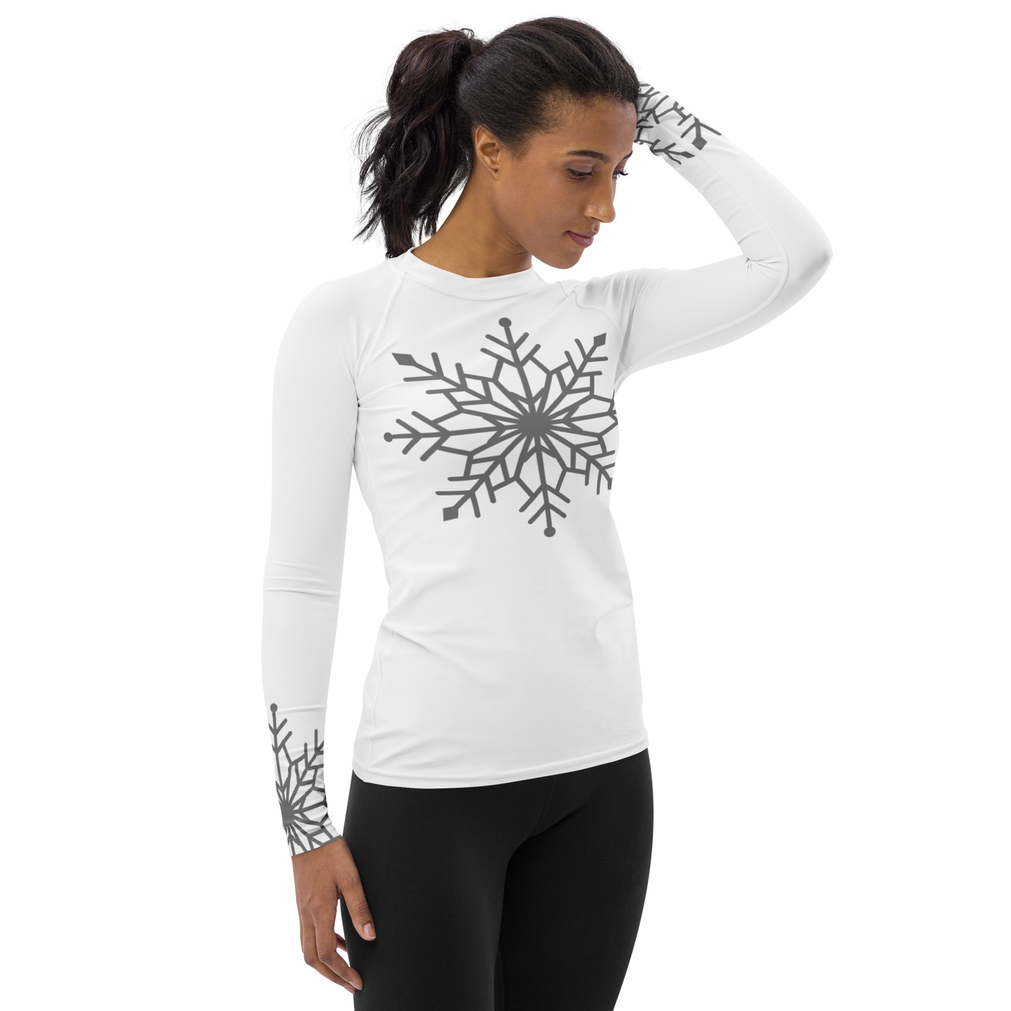 Winter Snowflake Top, Graphite Gray Snowflake on White Women's Rash Guard, Holiday Top