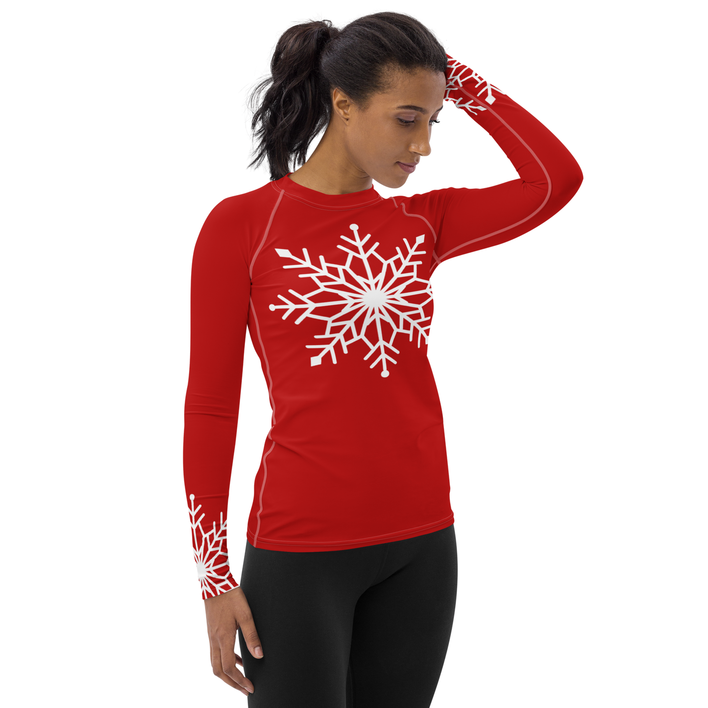 Winter Snowflake Top, White Snowflake on Dark Red Women's Rash Guard, Holiday Top