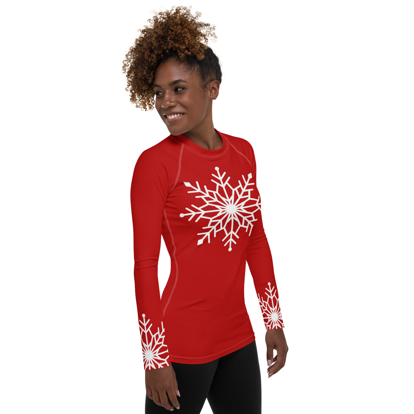 Winter Snowflake Top, White Snowflake on Dark Red Women's Rash Guard, Holiday Top