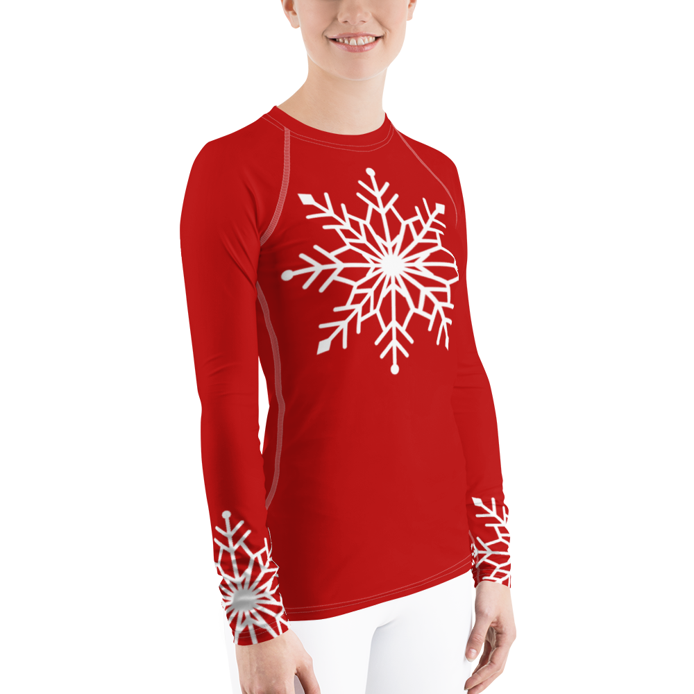 Winter Snowflake Top, White Snowflake on Dark Red Women's Rash Guard, Holiday Top