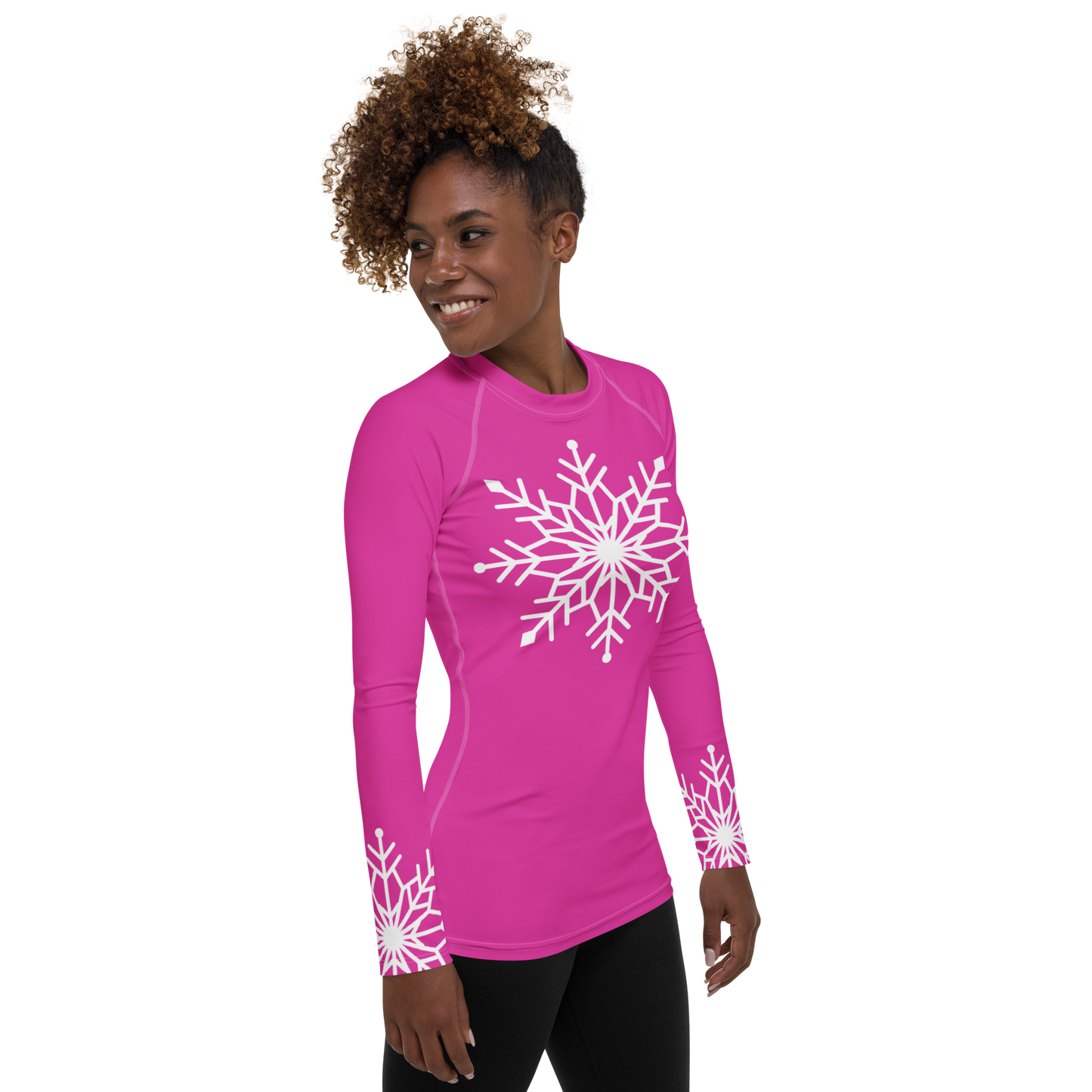 Winter Snowflake Top, White Snowflake on Hot Pink Women's Rash Guard, Holiday Top