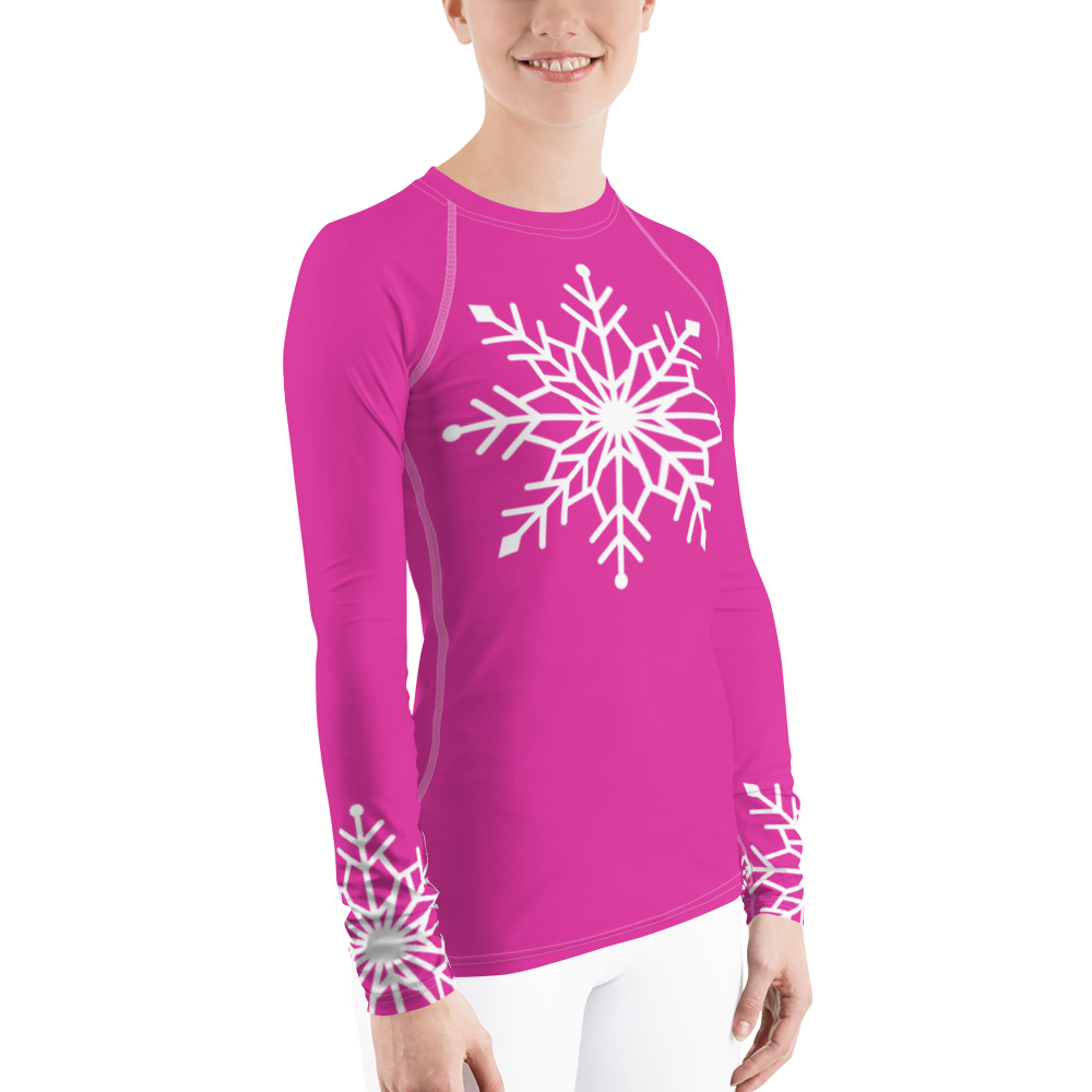 Winter Snowflake Top, White Snowflake on Hot Pink Women's Rash Guard, Holiday Top