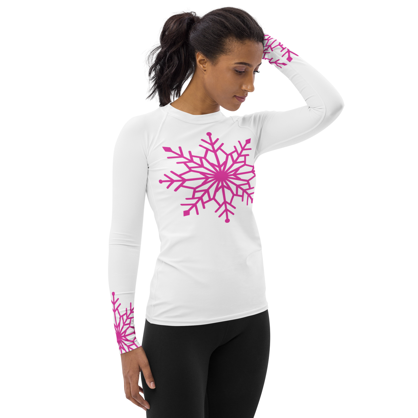 Winter Snowflake Top, Hot Pink Snowflake on White Women's Rash Guard, Holiday Top