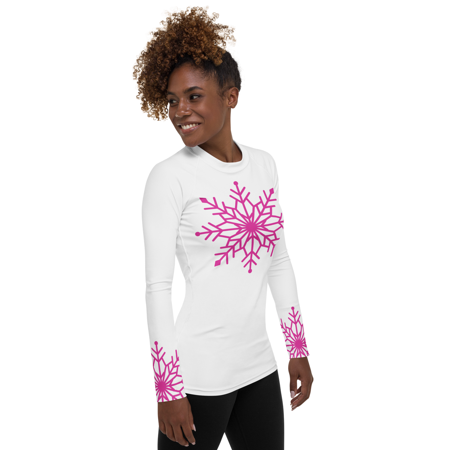 Winter Snowflake Top, Hot Pink Snowflake on White Women's Rash Guard, Holiday Top