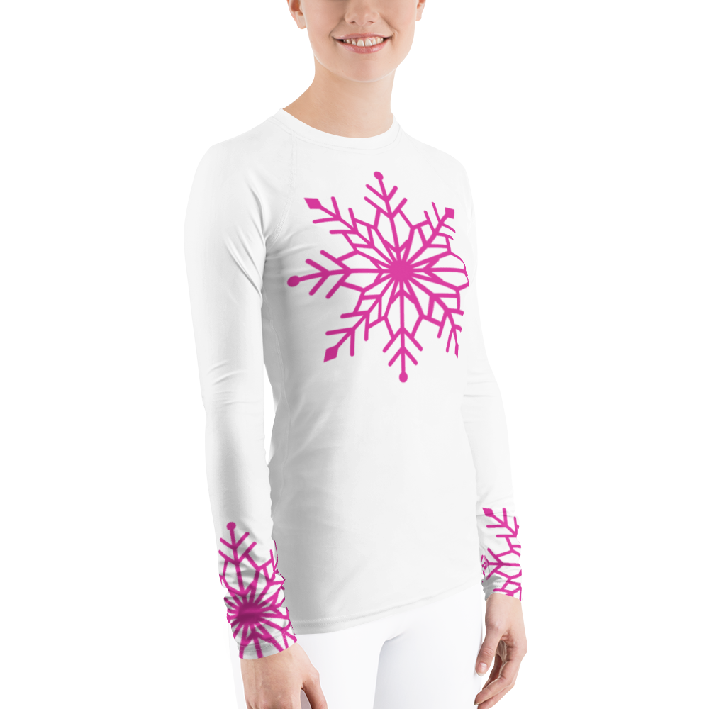 Winter Snowflake Top, Hot Pink Snowflake on White Women's Rash Guard, Holiday Top