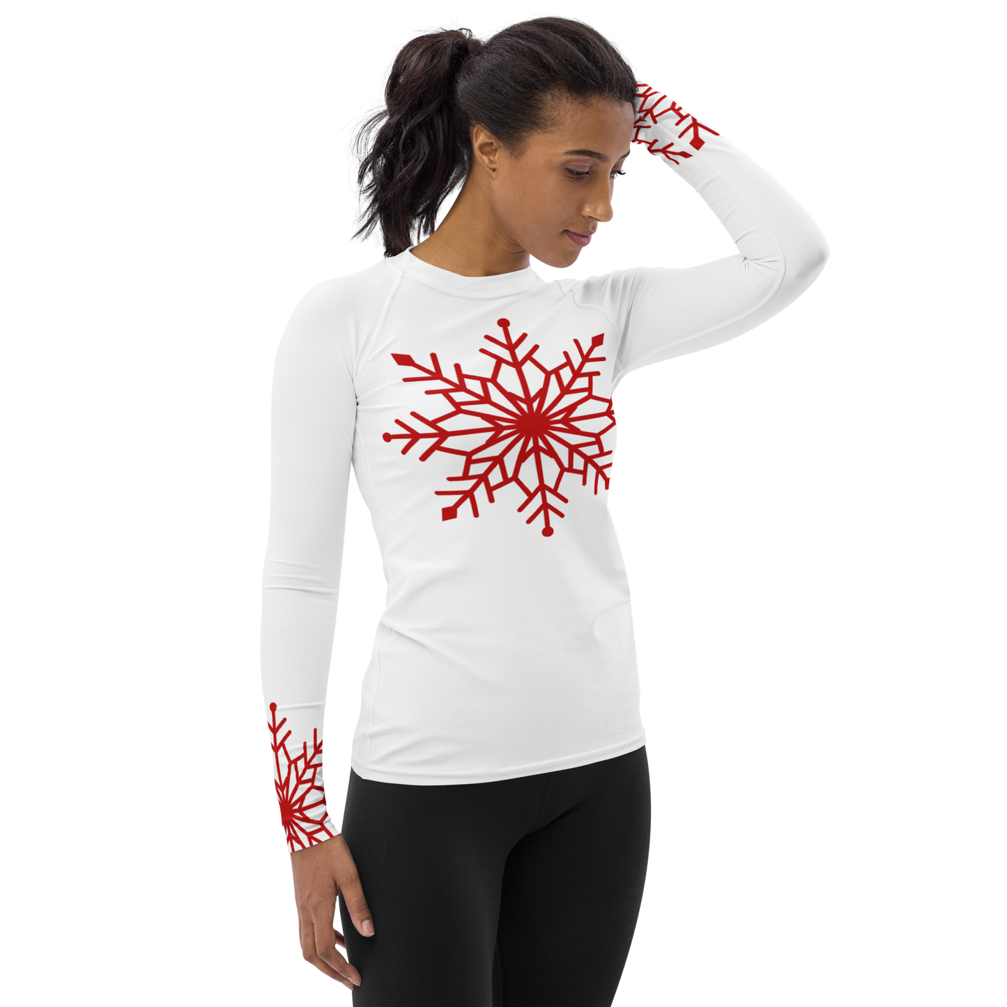 Winter Snowflake Top, Dark Red Snowflake on White Women's Rash Guard, Holiday Top