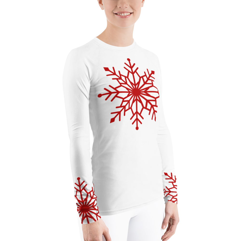 Winter Snowflake Top, Dark Red Snowflake on White Women's Rash Guard, Holiday Top