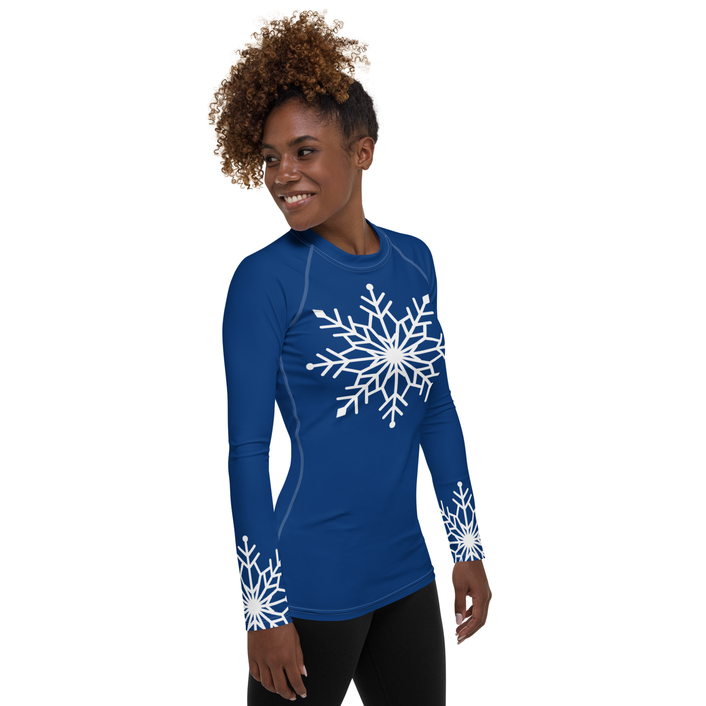 Winter Snowflake Top, White Snowflake on Royal Blue Women's Rash Guard, Holiday Top