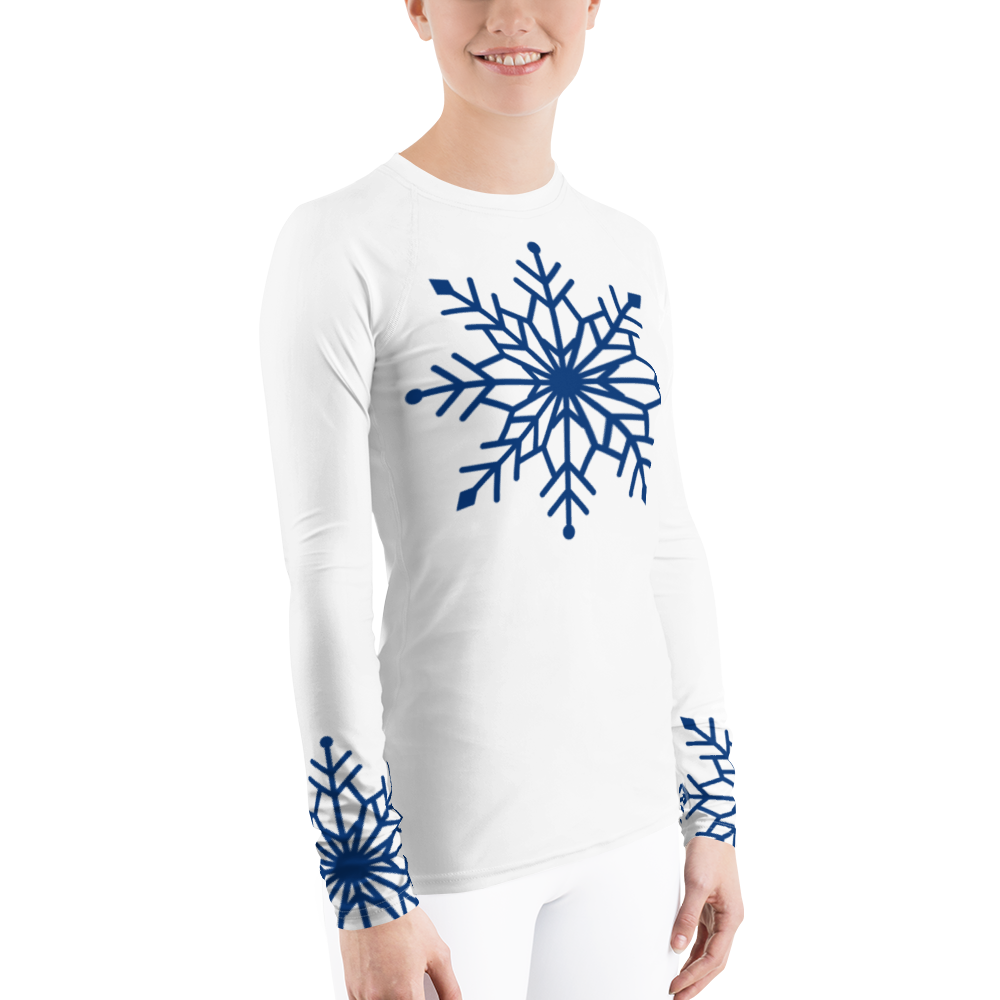 Winter Snowflake Top, Royal Blue Snowflake on White Women's Rash Guard, Holiday Top