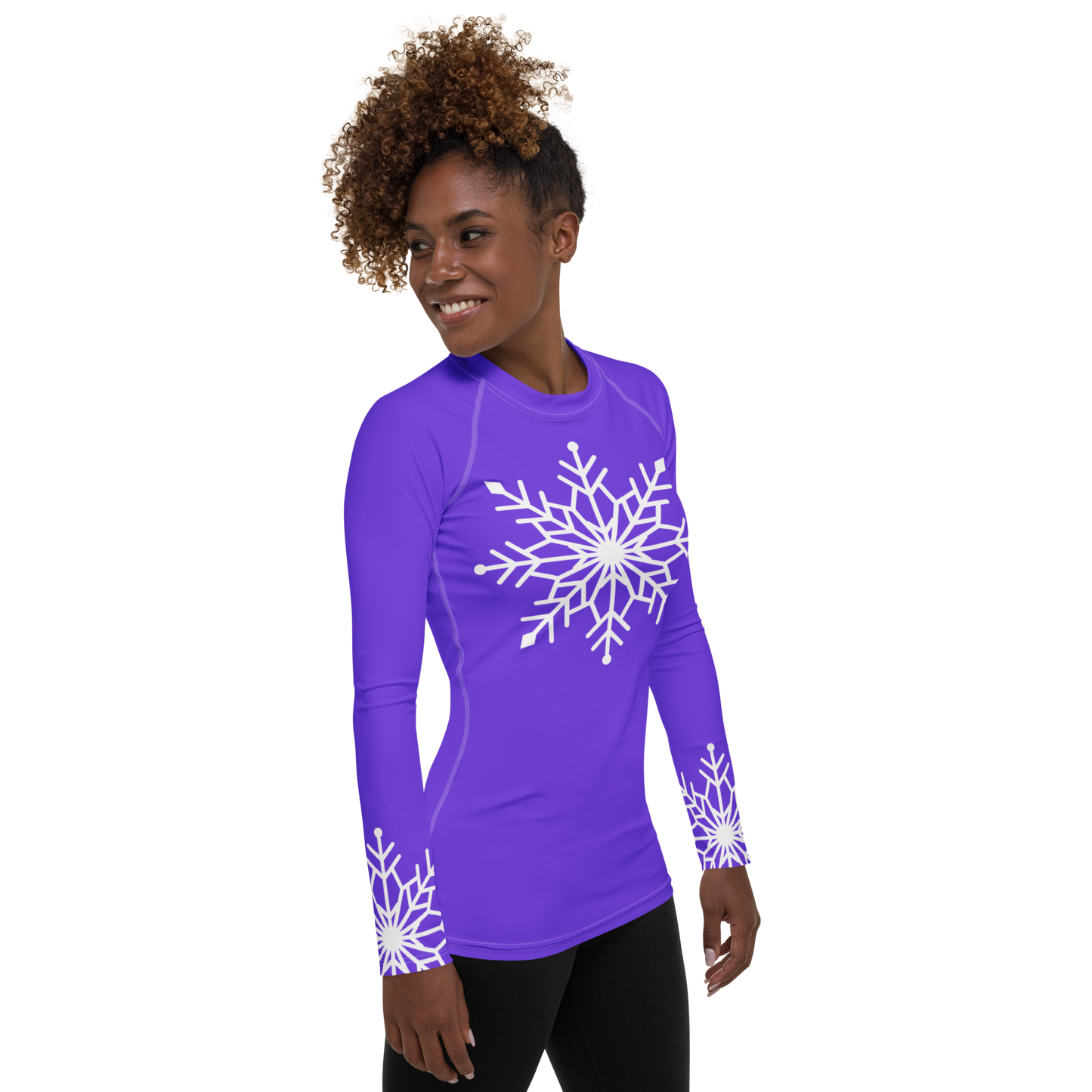 Winter Snowflake Top, White Snowflake on Pure Purple Women's Rash Guard, Holiday Top
