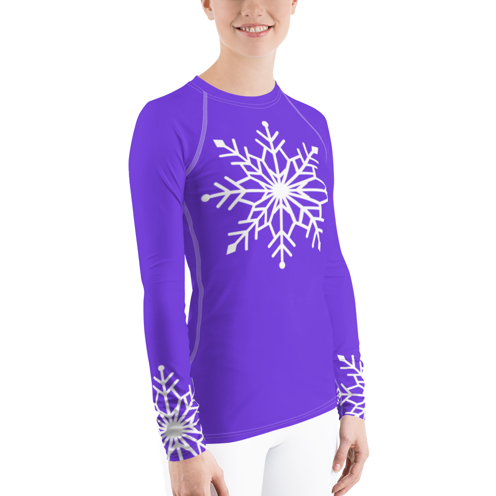 Winter Snowflake Top, White Snowflake on Pure Purple Women's Rash Guard, Holiday Top