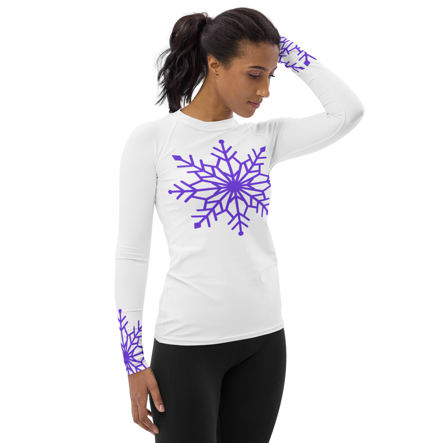 Winter Snowflake Top, Pure Purple Snowflake on White Women's Rash Guard, Holiday Top