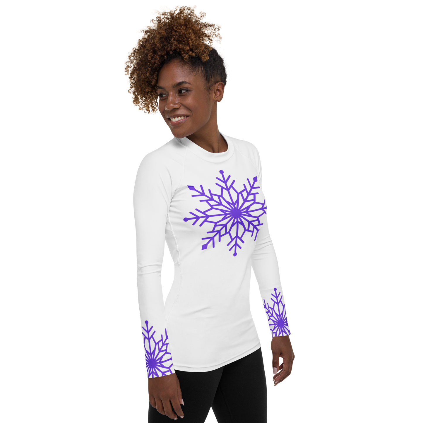 Winter Snowflake Top, Pure Purple Snowflake on White Women's Rash Guard, Holiday Top