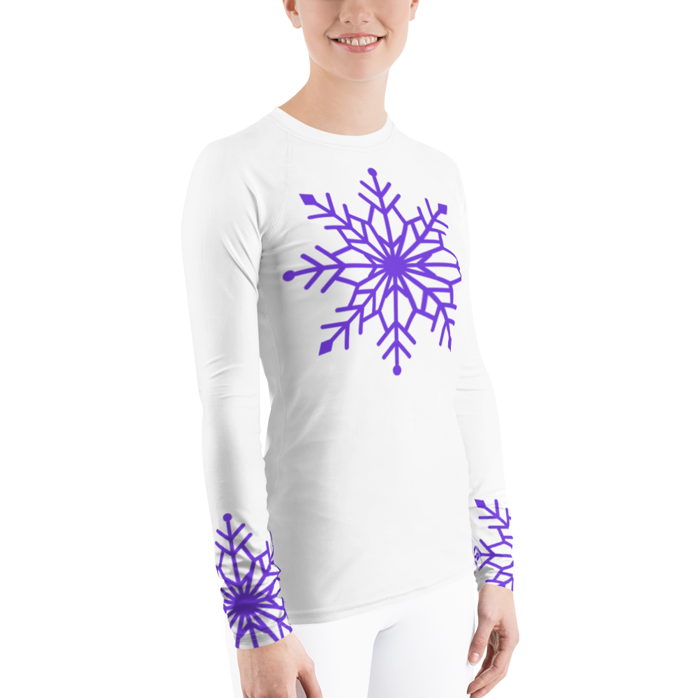 Winter Snowflake Top, Pure Purple Snowflake on White Women's Rash Guard, Holiday Top