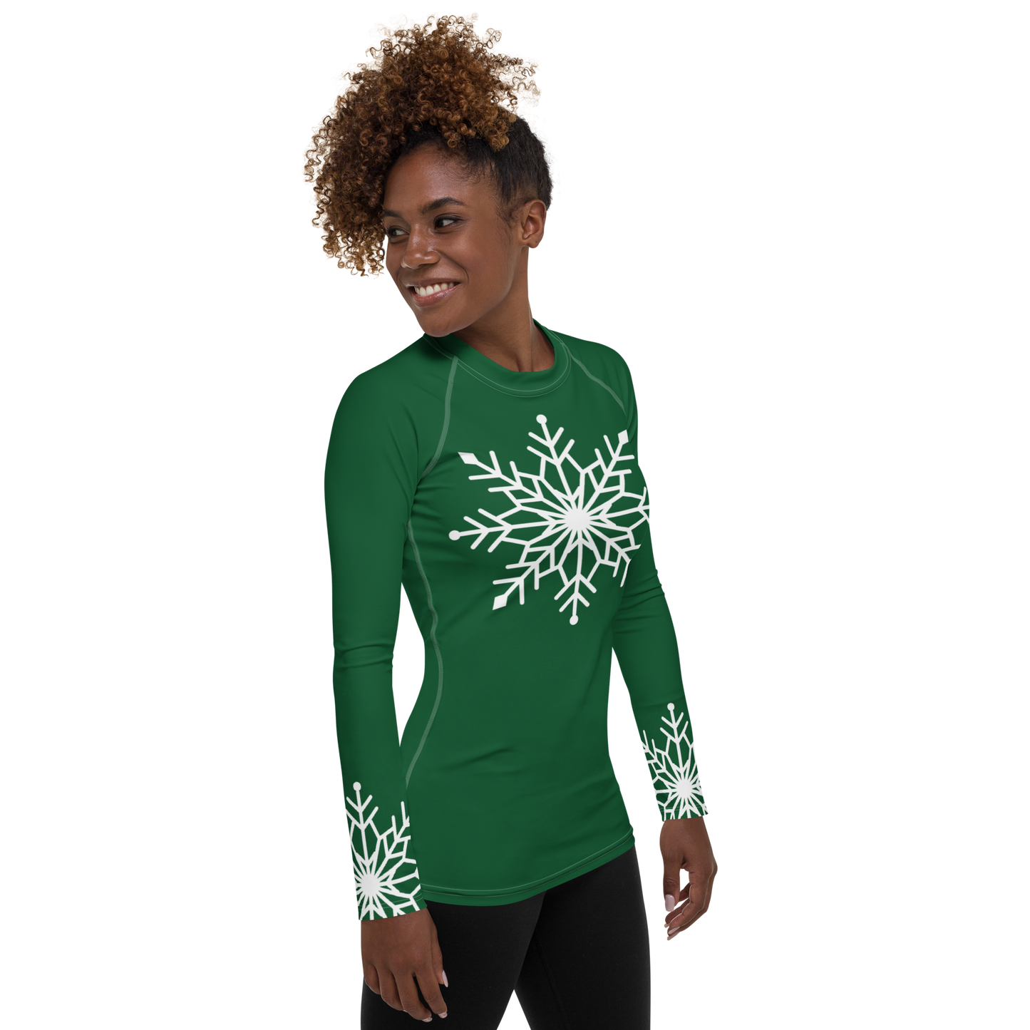 Winter Snowflake Top, White Snowflake on Forest Green Women's Rash Guard, Holiday Top