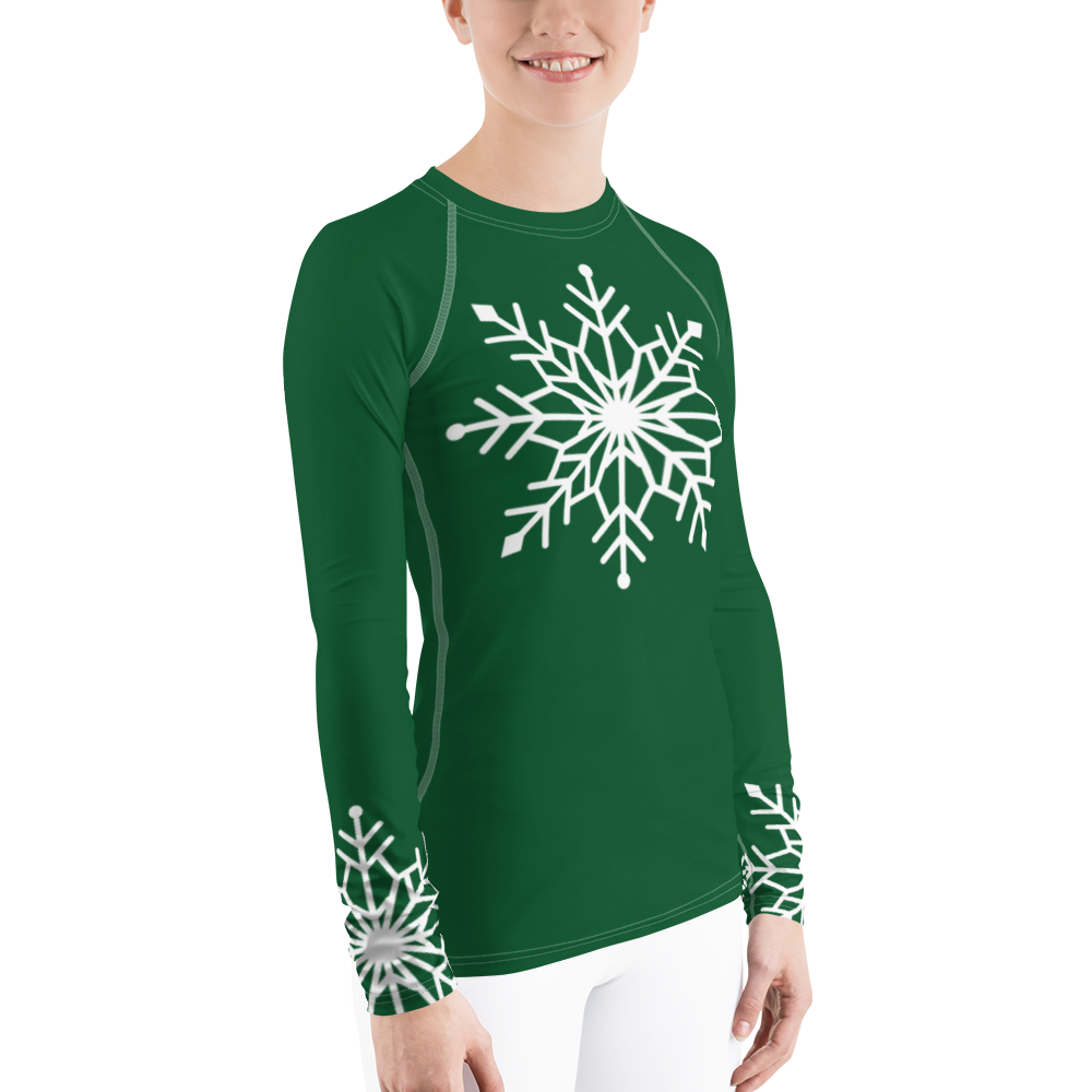 Winter Snowflake Top, White Snowflake on Forest Green Women's Rash Guard, Holiday Top