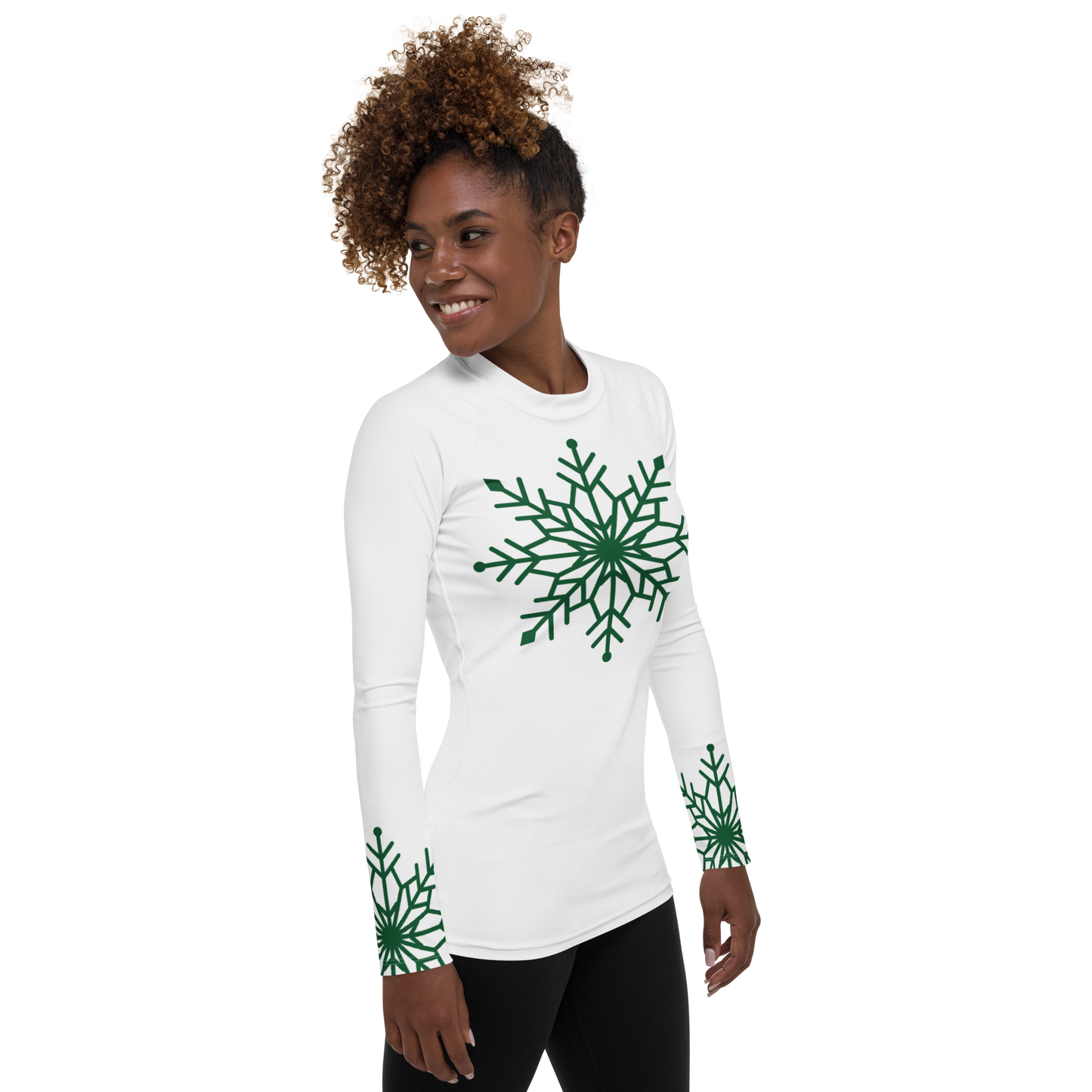 Winter Snowflake Top, Forest Green Snowflake on White Women's Rash Guard, Holiday Top