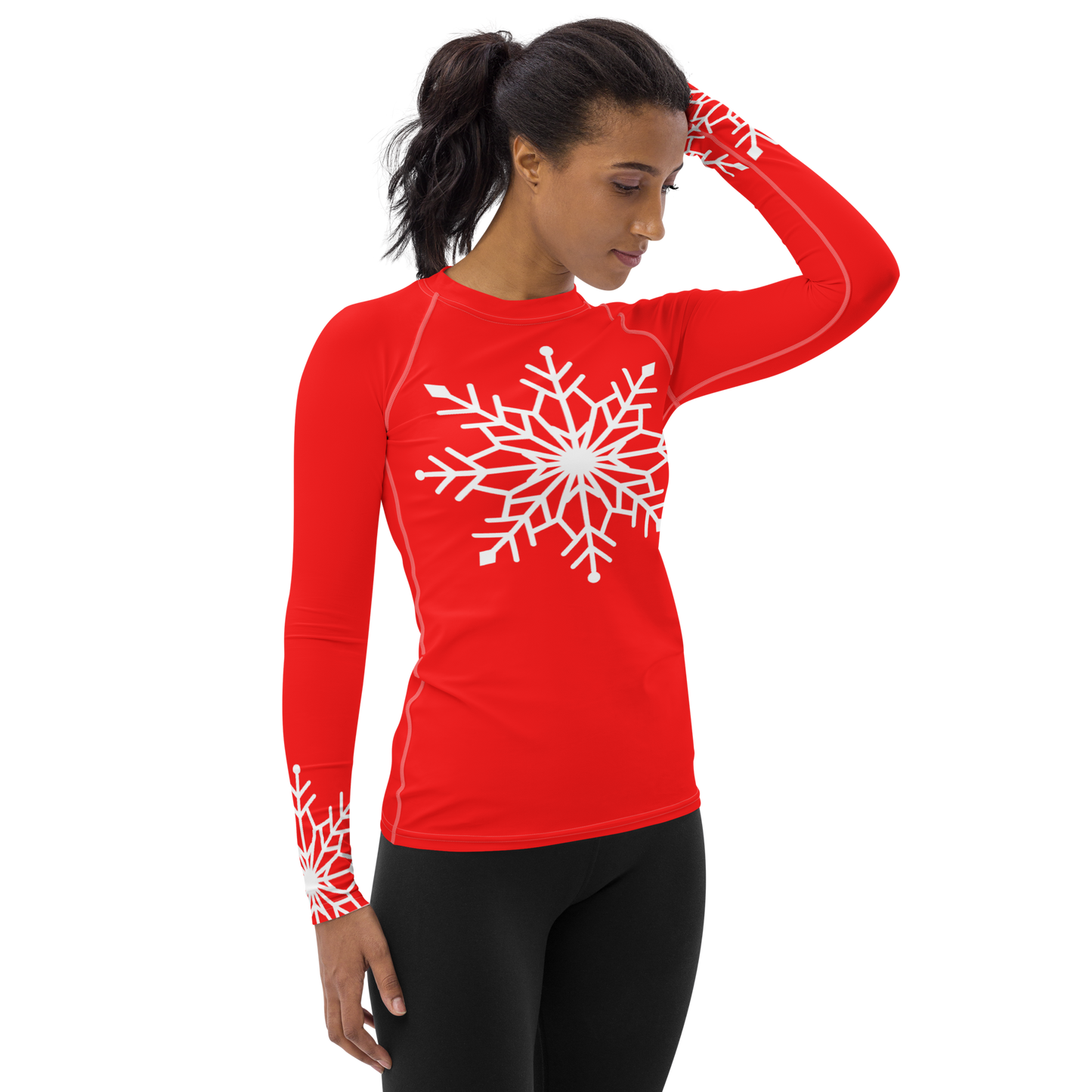 Winter Snowflake Top, White Snowflake on Bright Red Women's Rash Guard, Holiday Top