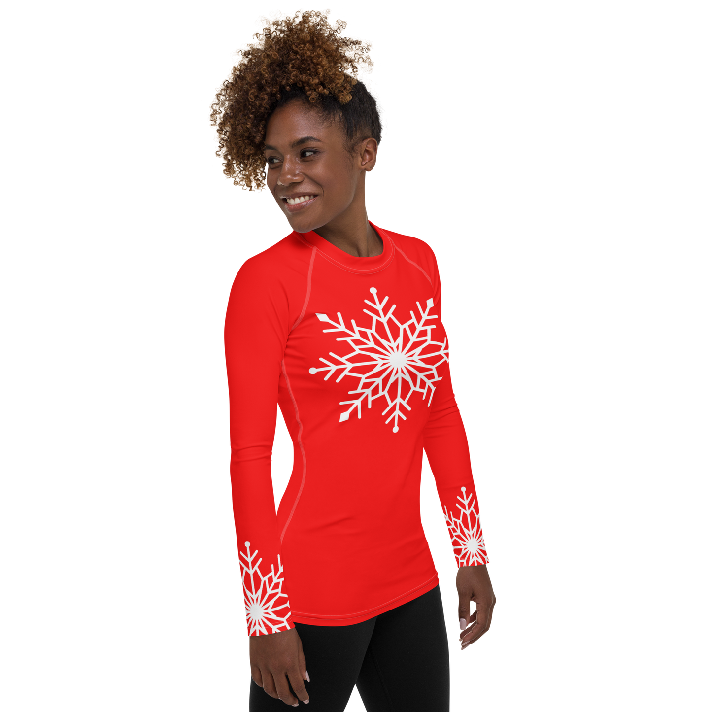 Winter Snowflake Top, White Snowflake on Bright Red Women's Rash Guard, Holiday Top