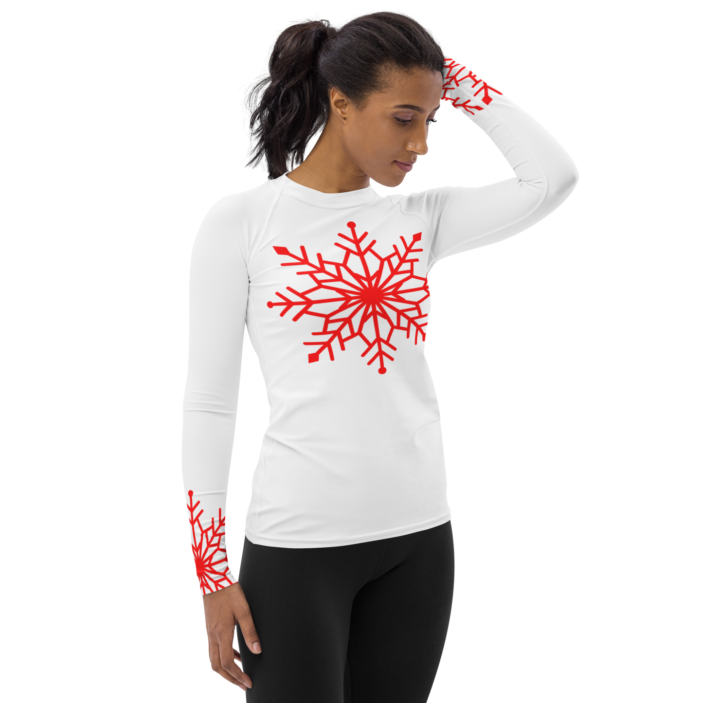 Winter Snowflake Top, Bright Red Snowflake on White Women's Rash Guard, Holiday Top