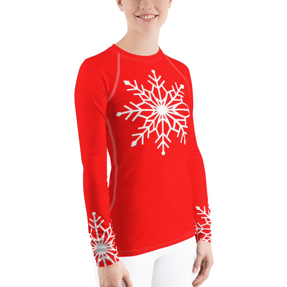 Winter Snowflake Top, White Snowflake on Bright Red Women's Rash Guard, Holiday Top